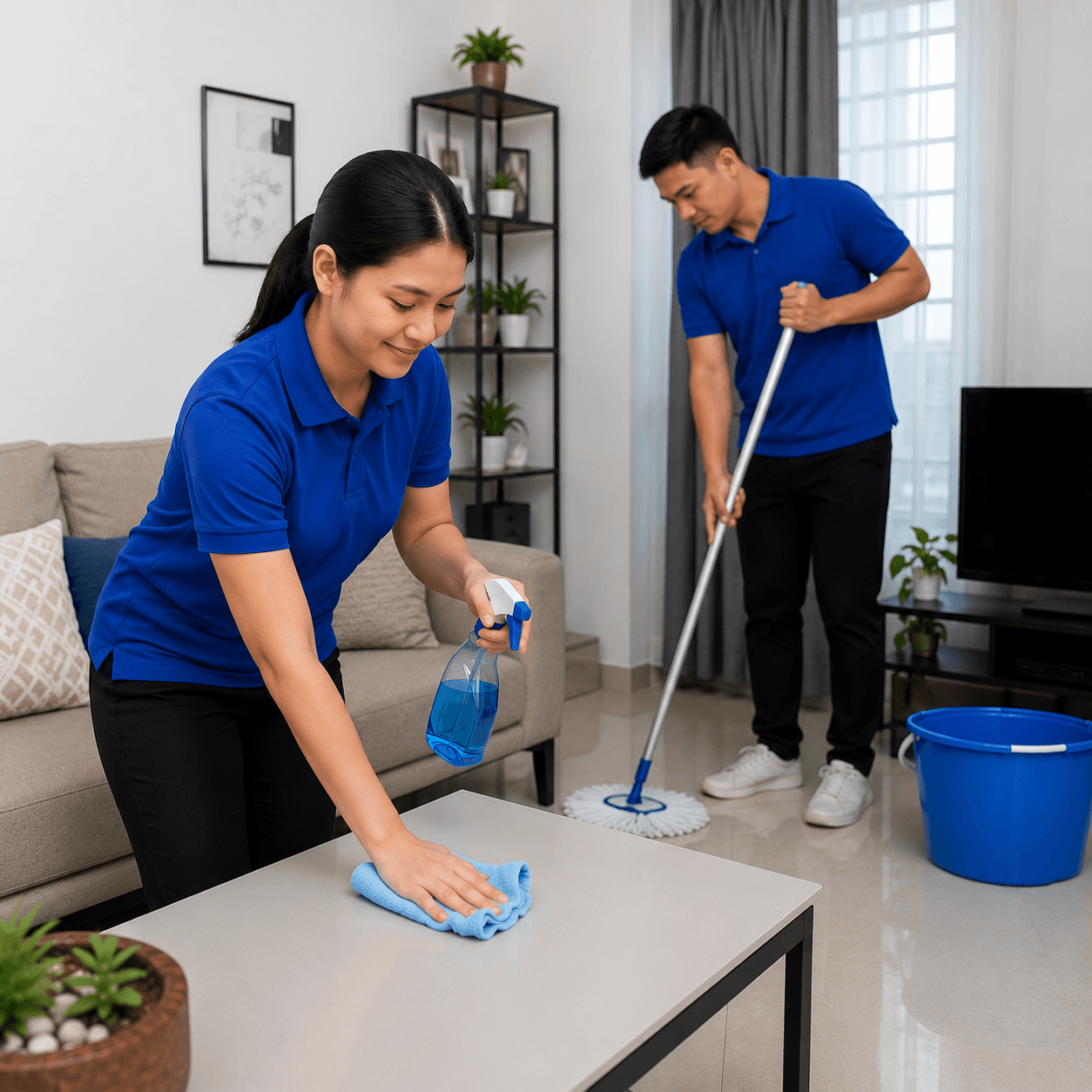 Two Spotless Solutions cleaners wiping a table in a modern living room